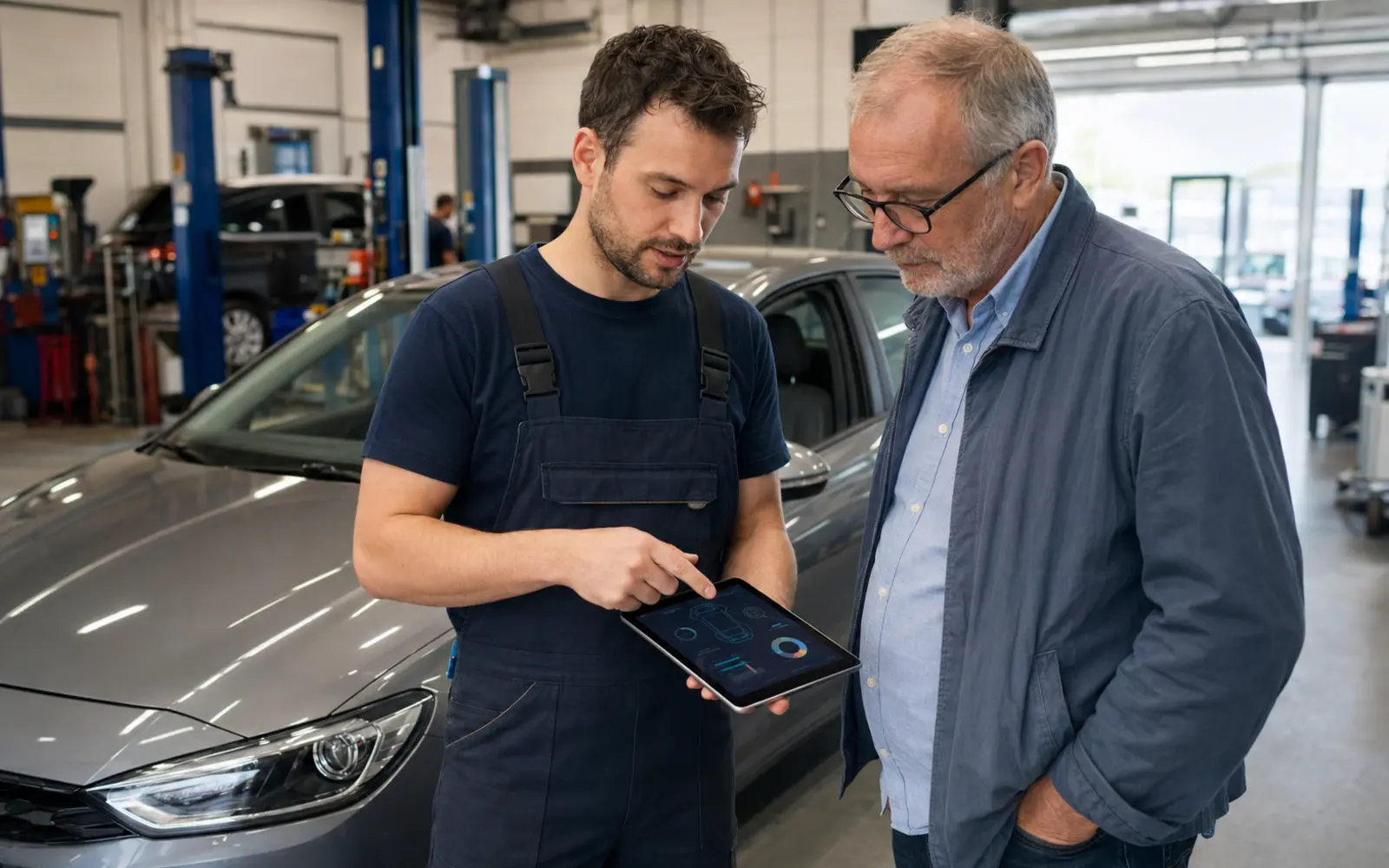 Un conducteur échange avec un professionnel automobile